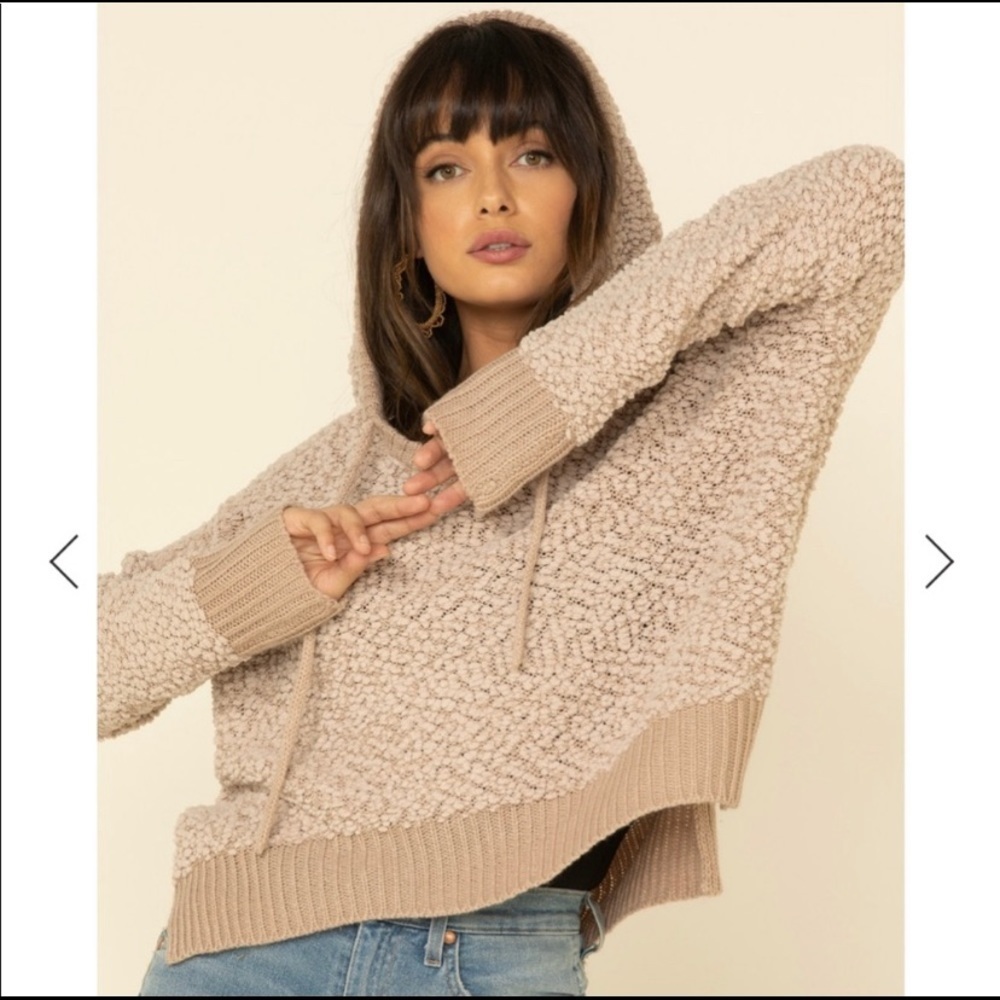POL beige with pinkish tone Sherpa like hooded knit sweater high low